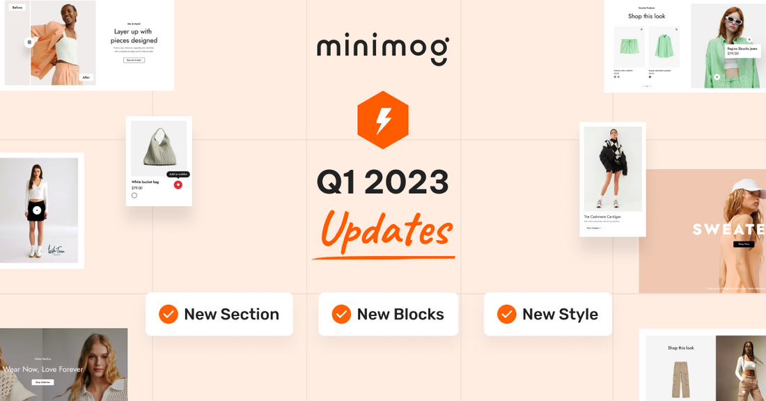 Minimog Q1 ‘23 updates - More interactive website with new Favorite Featured Product section, new blocks for Custom Content, and new styles 